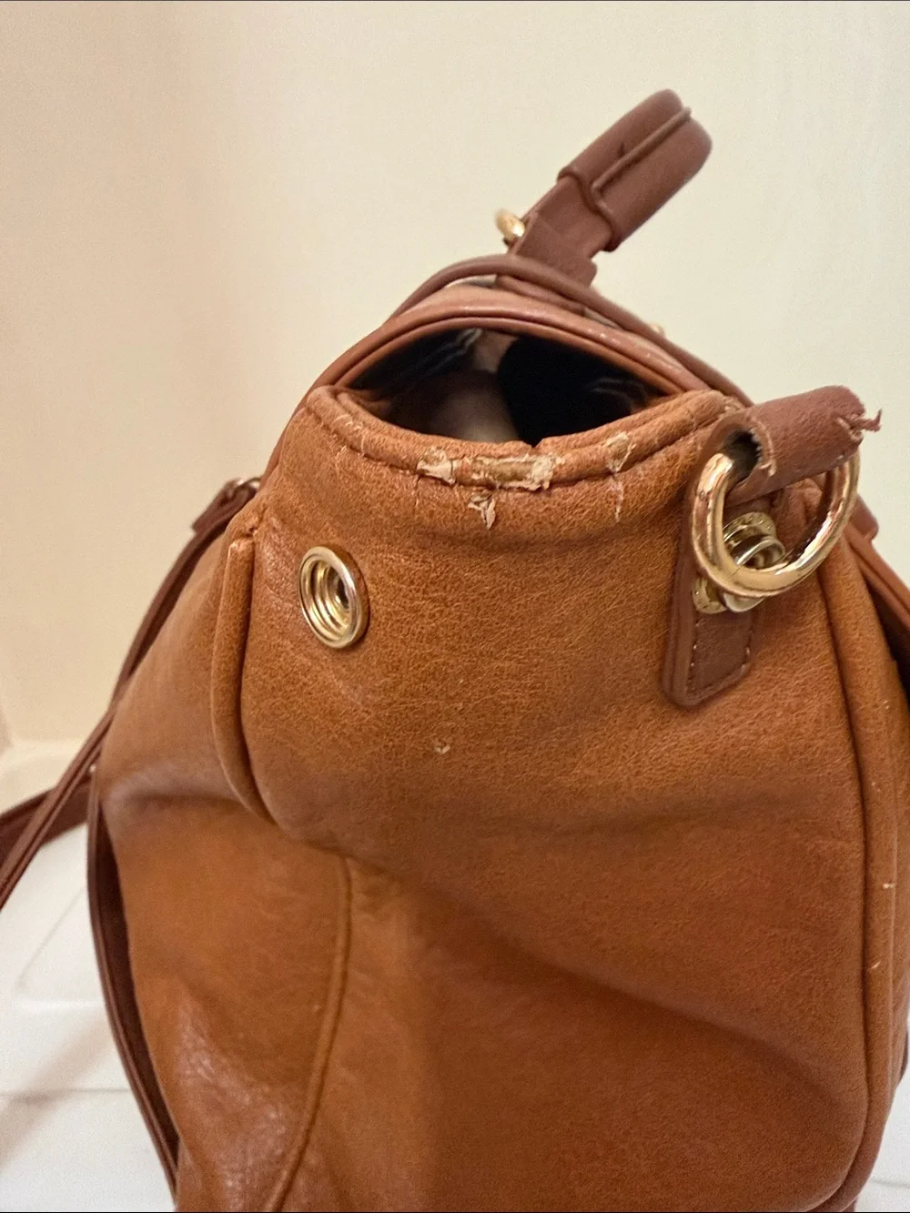 Classic Tan Faux Leather Satchel Handbag